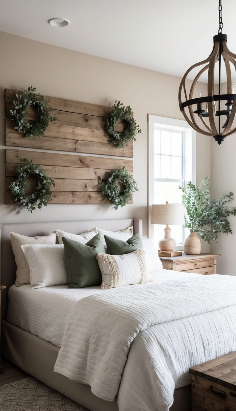 A cozy farmhouse bedroom with neutral walls and a large rustic wall art piece featuring natural elements like wood and greenery