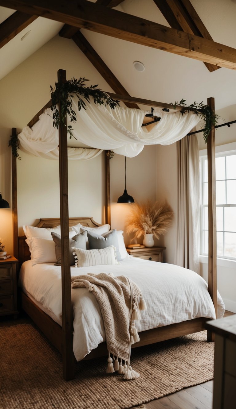 A cozy farmhouse bedroom with a canopy bed, soft linens, and rustic decor. Warm lighting and natural elements create a serene atmosphere