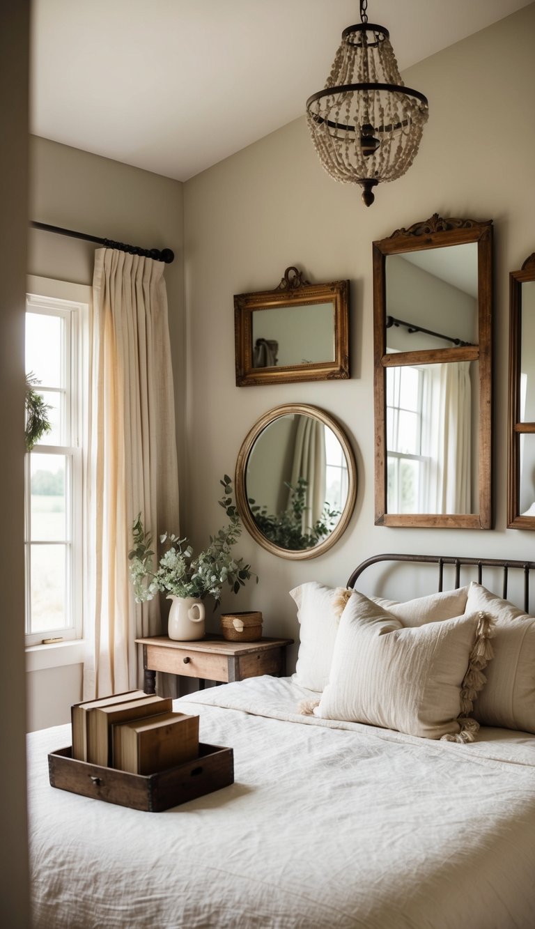 Antique mirrors adorn the walls of a cozy farmhouse bedroom, reflecting the rustic decor and adding a touch of vintage charm