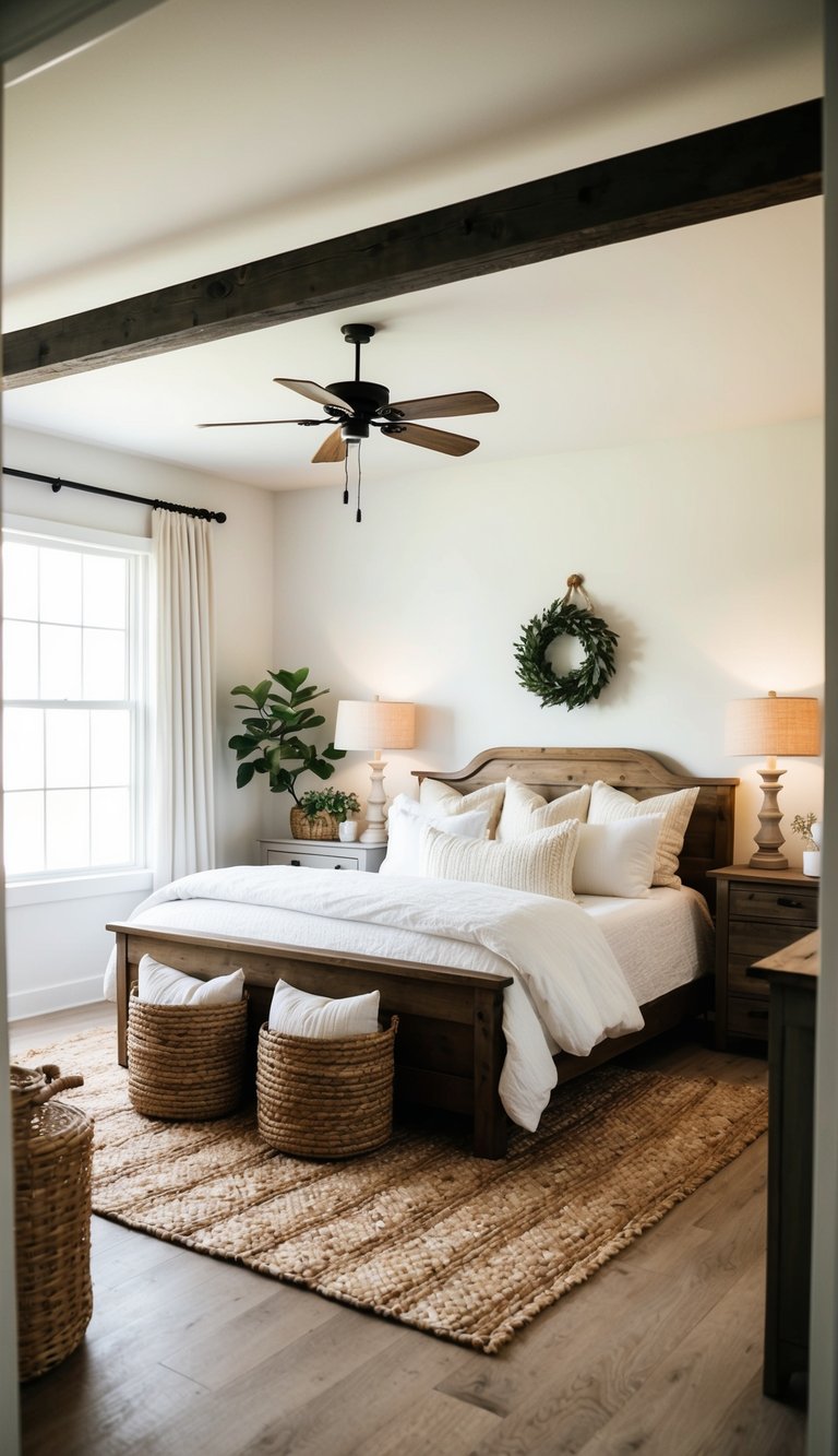 A cozy farmhouse bedroom with woven area rugs, rustic furniture, and soft lighting