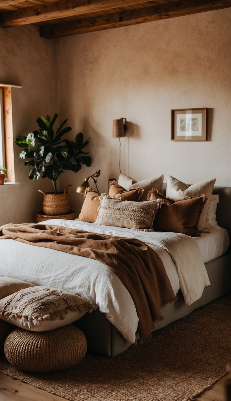 A cozy farmhouse bedroom with a variety of throw pillows scattered on the bed and seating area. Warm, earthy tones and rustic textures create a welcoming atmosphere