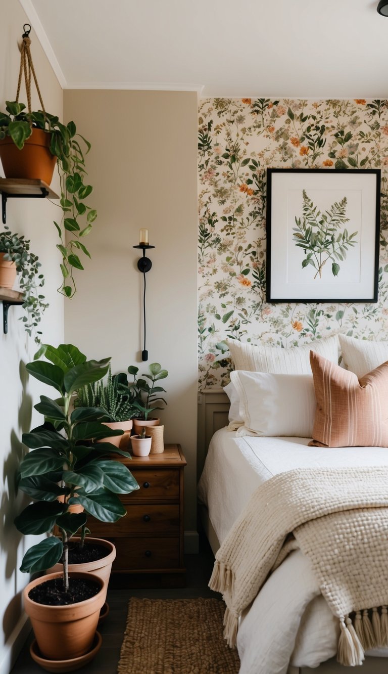 A cozy farmhouse bedroom with potted plants, floral wallpaper, and botanical artwork