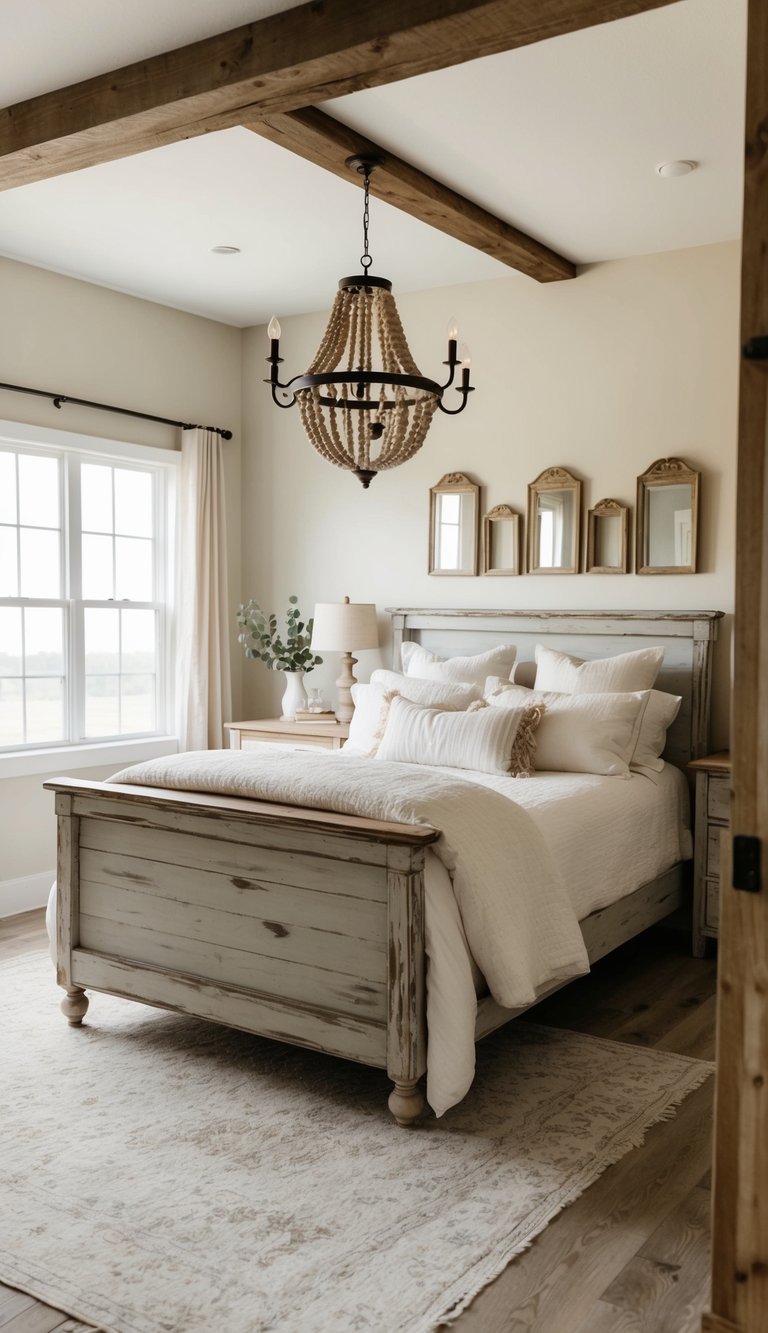 A cozy farmhouse bedroom with distressed wood furniture, vintage decor, and soft, neutral colors