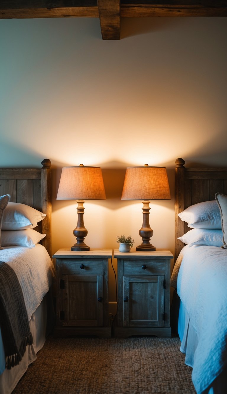 A cozy farmhouse bedroom with two rustic bedside lamps casting a warm glow on weathered wooden nightstands