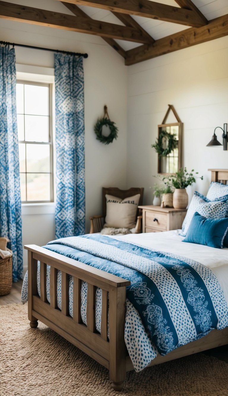 A cozy farmhouse bedroom with blue and white patterned bedding and curtains, rustic wooden furniture, and a soft, inviting atmosphere