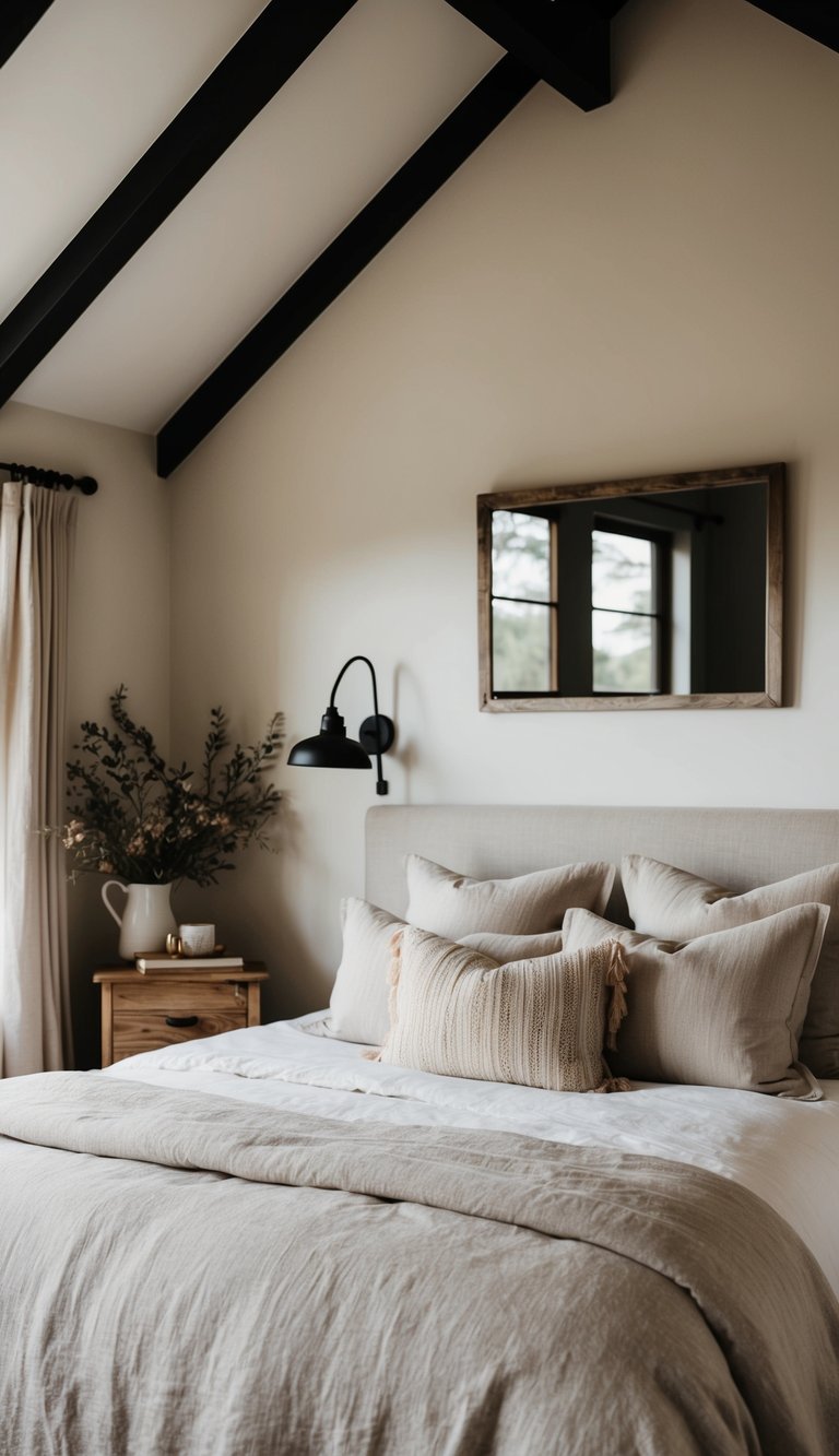 A cozy farmhouse bedroom with linen bedding, soft lighting, and rustic decor