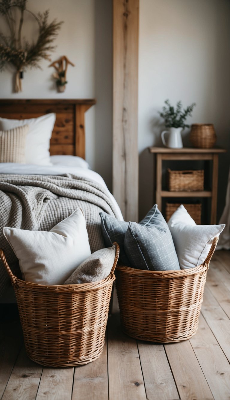 Wicker baskets filled with blankets and pillows sit on the wooden floor of a cozy farmhouse bedroom, adding a rustic touch to the decor