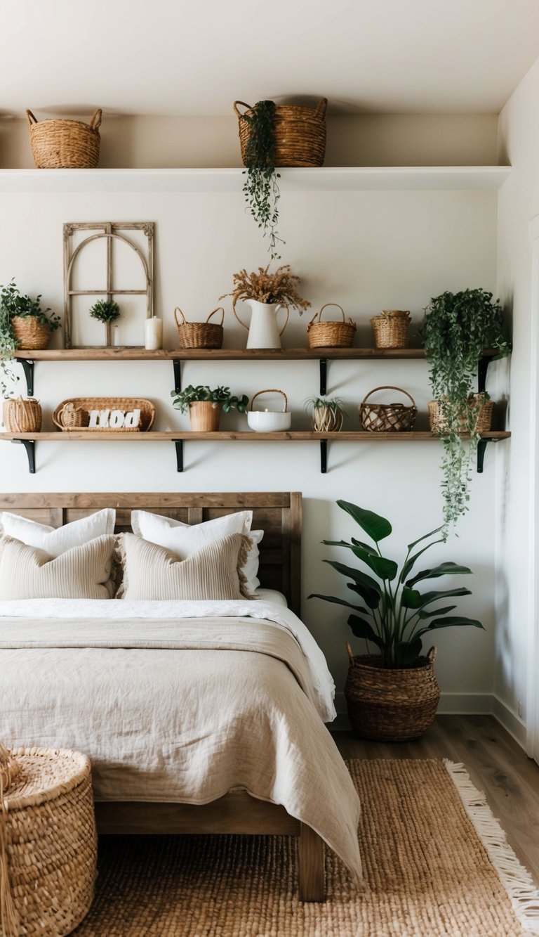 A cozy farmhouse bedroom with open shelving displaying vintage decor, plants, and woven baskets. A rustic bed with neutral bedding and a woven rug complete the charming space