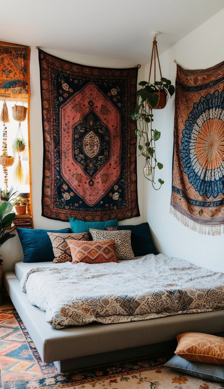 A cozy bedroom with eclectic decor, including colorful tapestries, layered rugs, and hanging plants. A low platform bed with patterned bedding and floor cushions completes the boho vibe