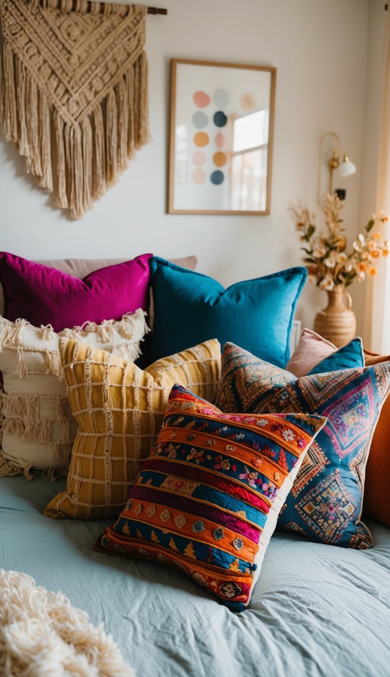 A cozy boho bedroom with a variety of colorful pillows mixed and matched on a bed or seating area