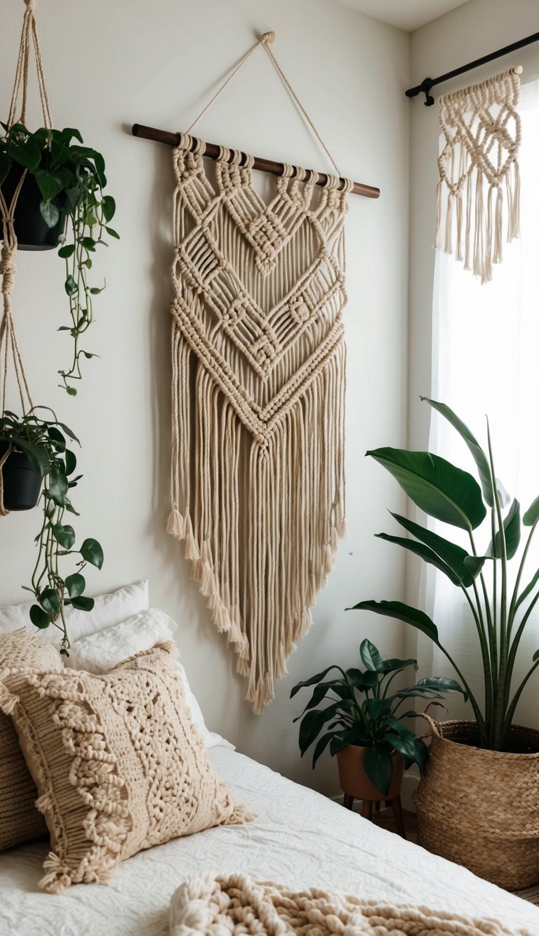 A macramé wall hanging adorns a boho bedroom, surrounded by plants and woven textiles