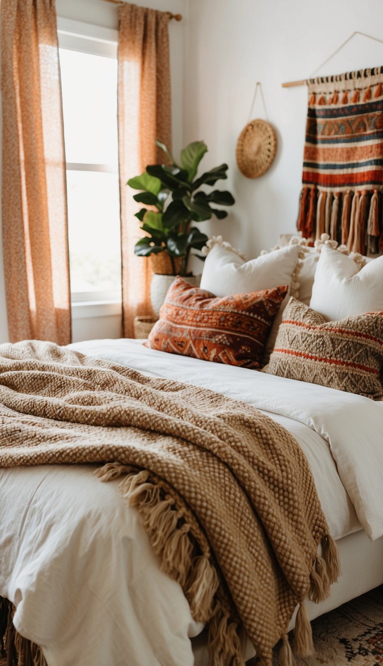 A cozy boho bedroom with layered woven throws and eclectic decor