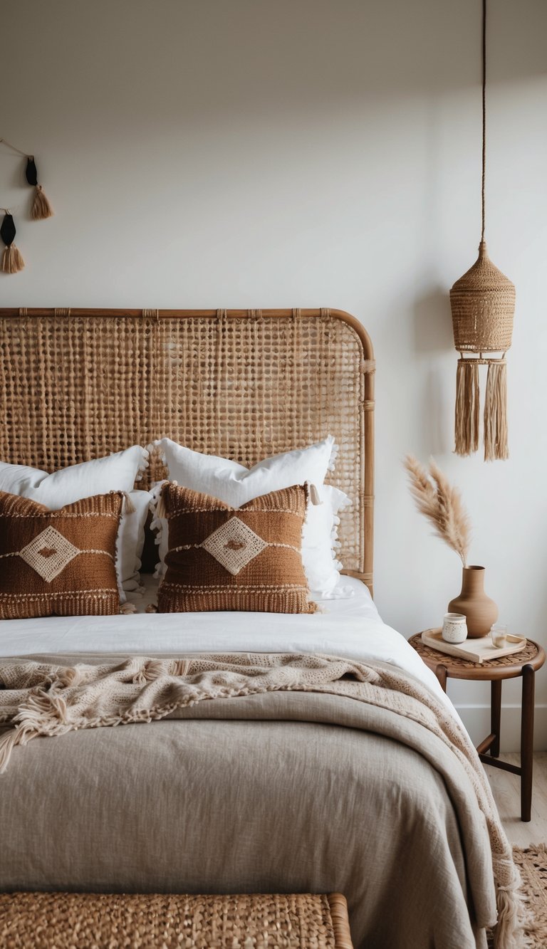 A cozy boho bedroom with a rattan headboard, layered textiles, and earthy accents