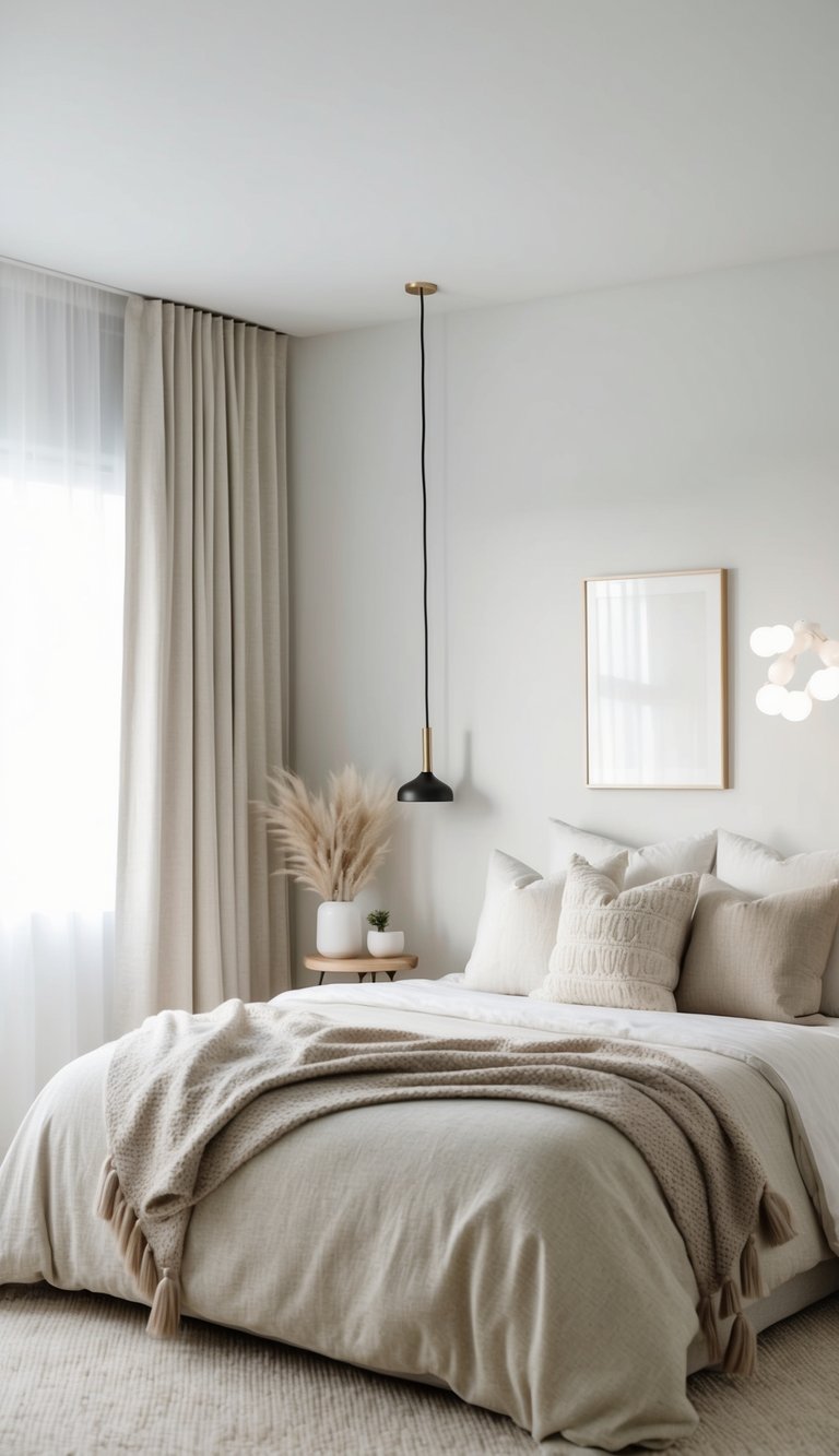 A serene bedroom with soft, neutral tones. Minimalist decor, cozy textiles, and natural light create a calming atmosphere