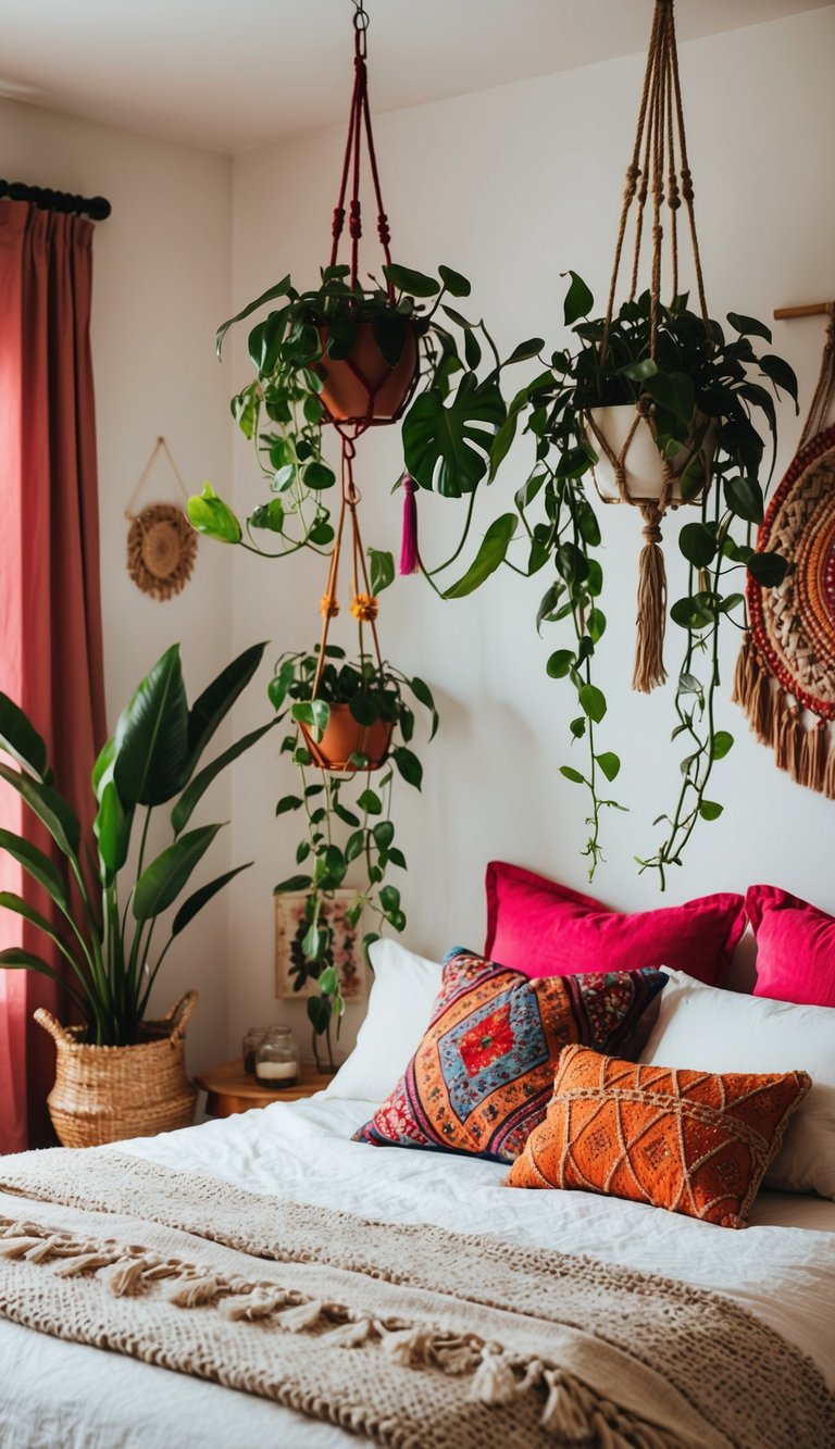 A cozy bedroom with vibrant hanging plants and bohemian decor