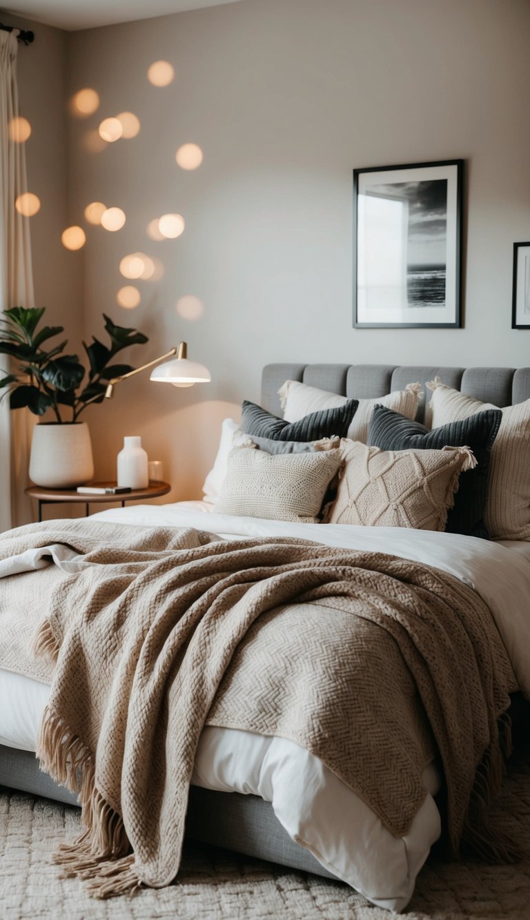 A cozy bedroom with a variety of neutral-toned throws and blankets layered throughout the space, creating a warm and inviting atmosphere