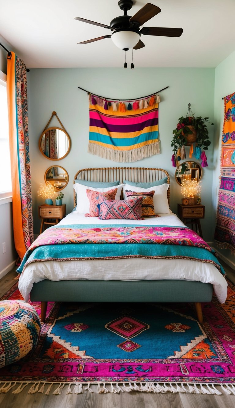 A cozy boho bedroom with a vibrant area rug, surrounded by eclectic decor and colorful textiles