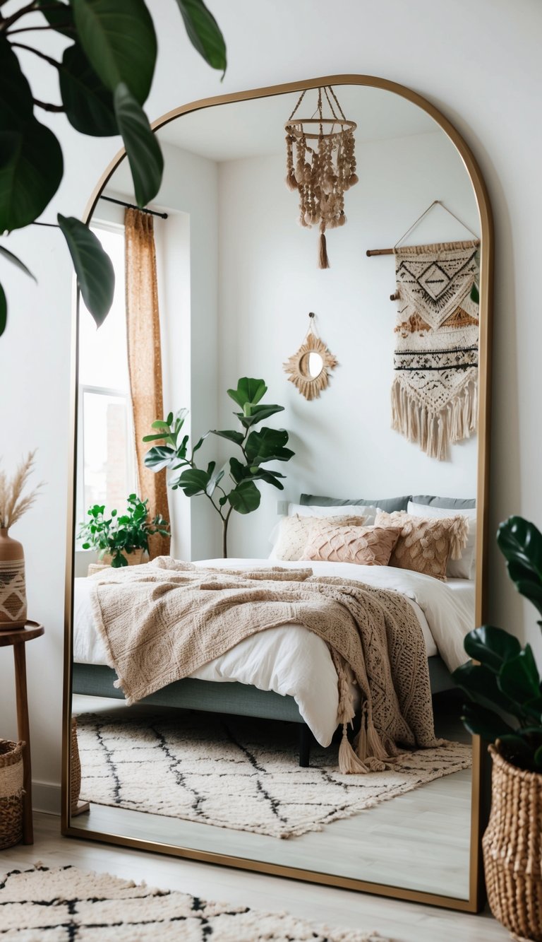 An oversized mirror reflects a boho bedroom with cozy textiles, plants, and eclectic decor