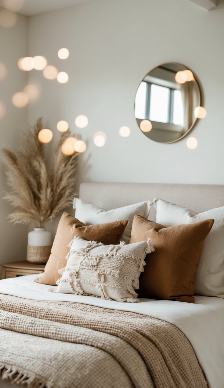 A cozy bedroom with neutral earthy tones, featuring soft textures and natural materials for a calming and serene atmosphere