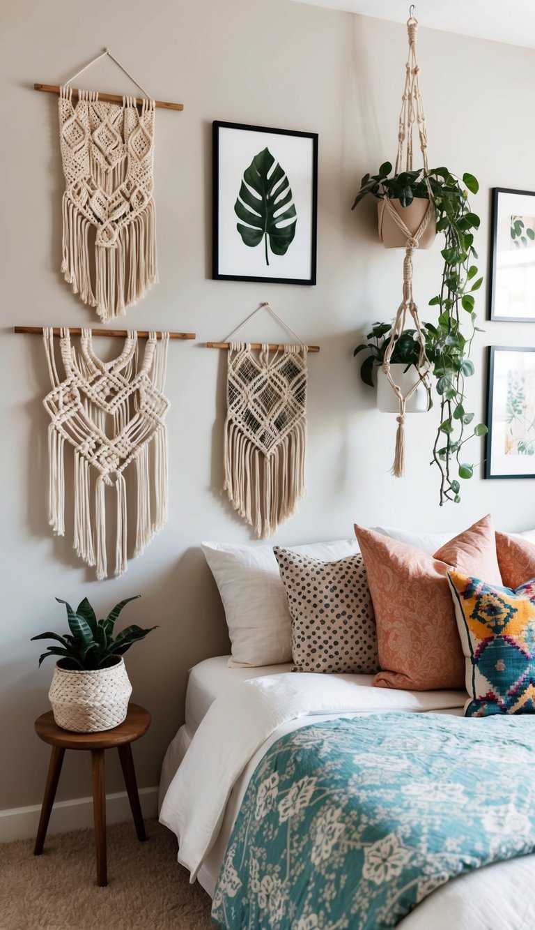 A gallery wall featuring 23 boho bedroom ideas, including macrame, plants, and eclectic artwork, adorns the bedroom wall