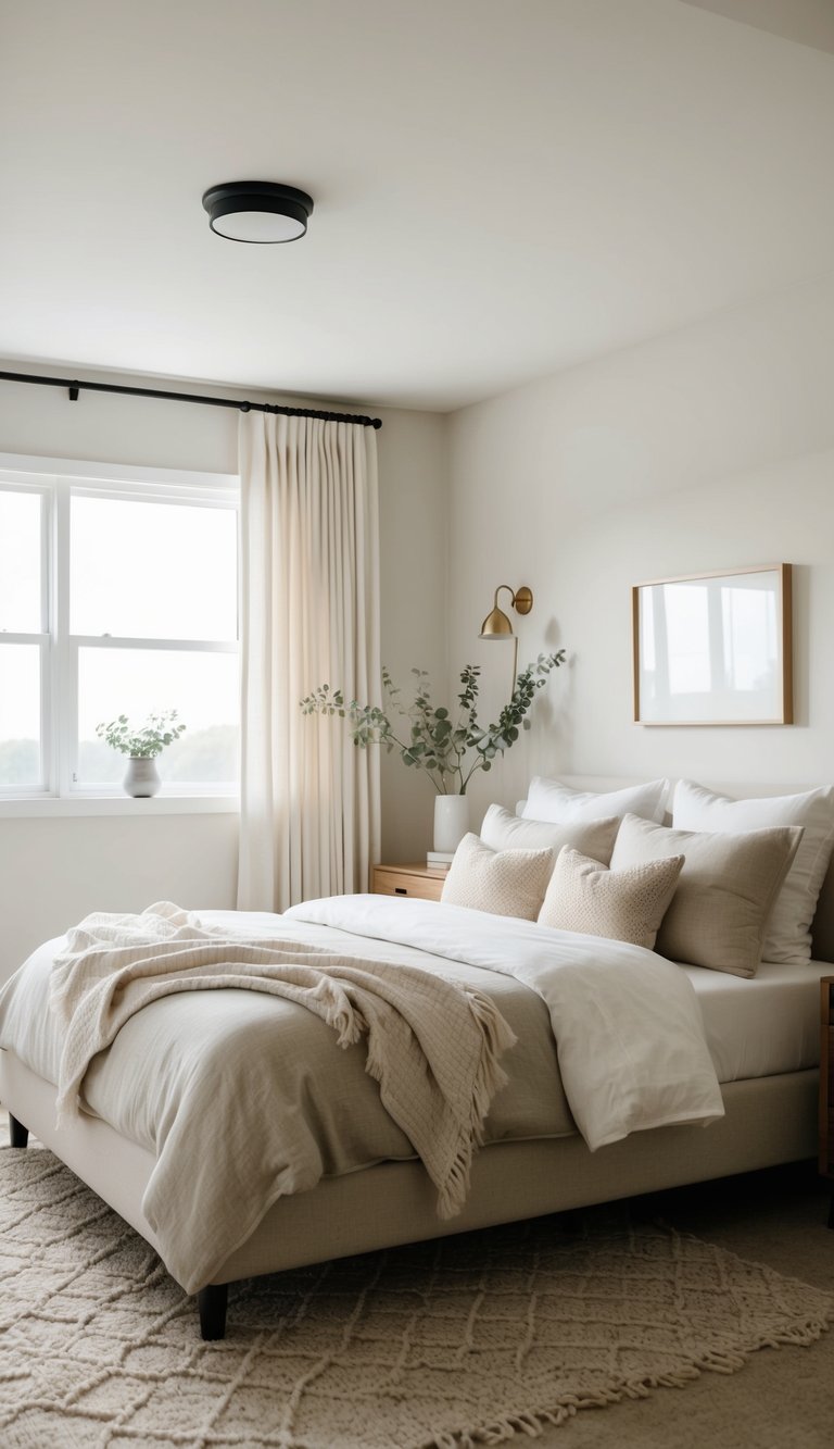 A serene bedroom with neutral tones and organic linens, creating a cozy and inviting atmosphere