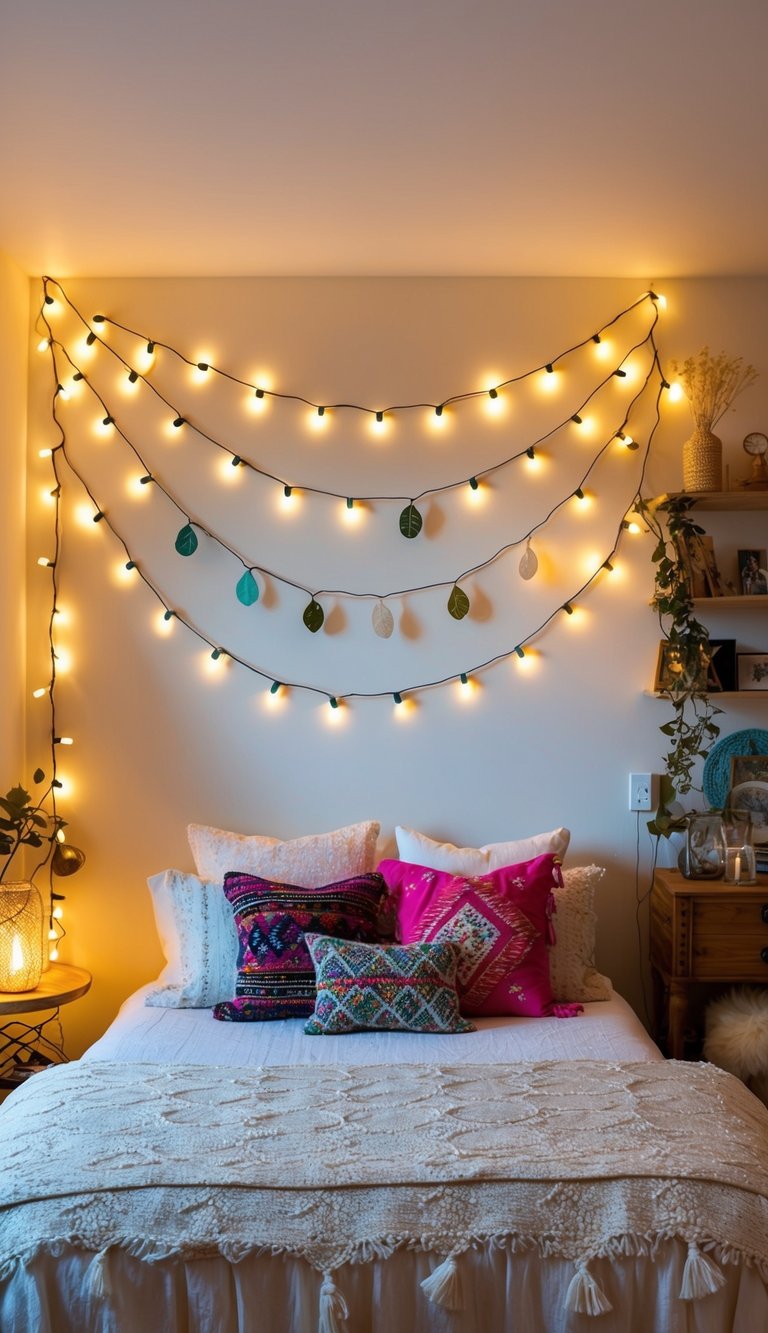 Fairy lights hang above a cozy boho bedroom, casting a warm glow over the eclectic decor and creating a magical ambiance