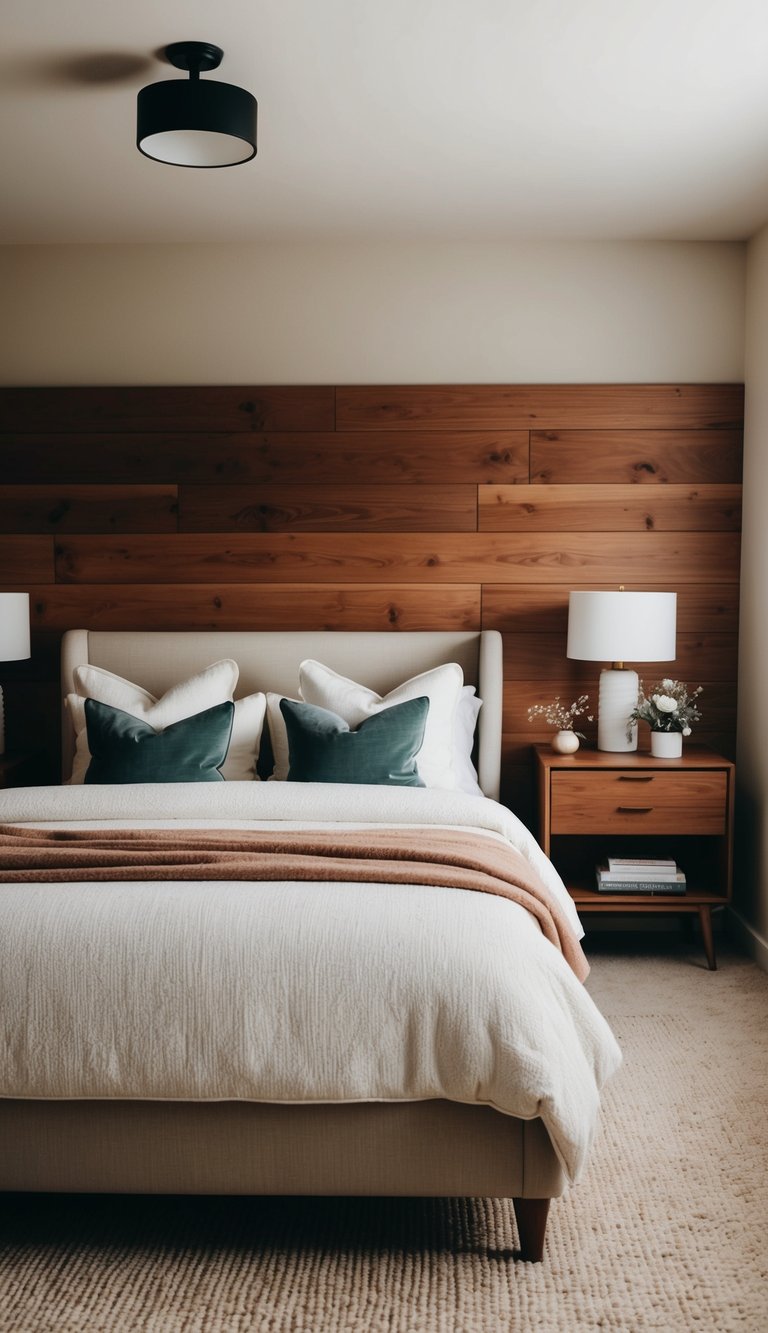 A cozy bedroom with warm wood accents, neutral colors, and soft textures