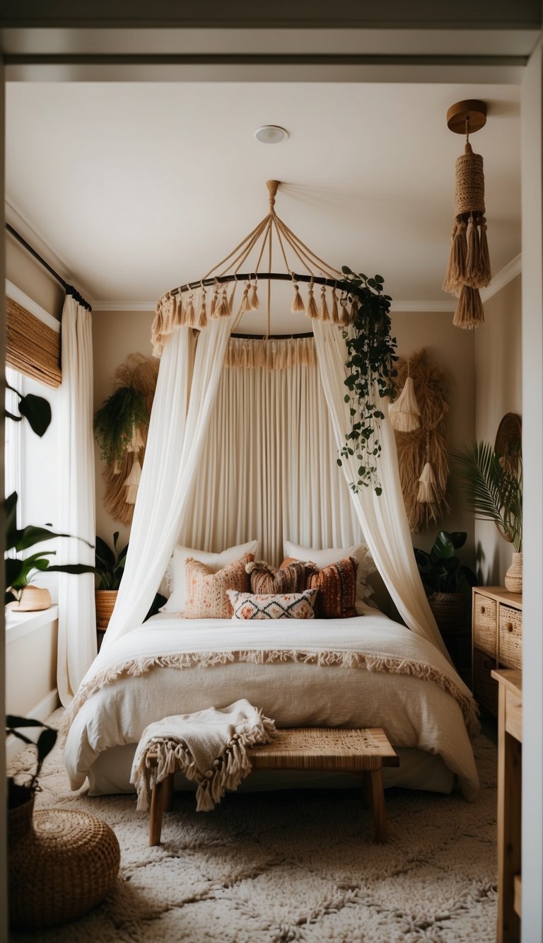 A cozy, bohemian bedroom with a lush canopy bed surrounded by eclectic decor and natural elements