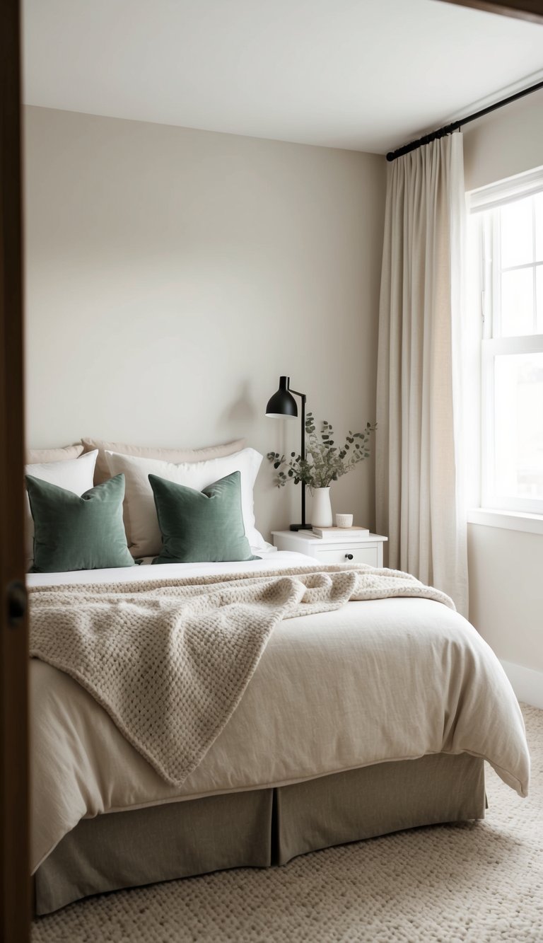 A cozy bedroom with soft, neutral tones. A simple, uncluttered space with monochromatic color scheme