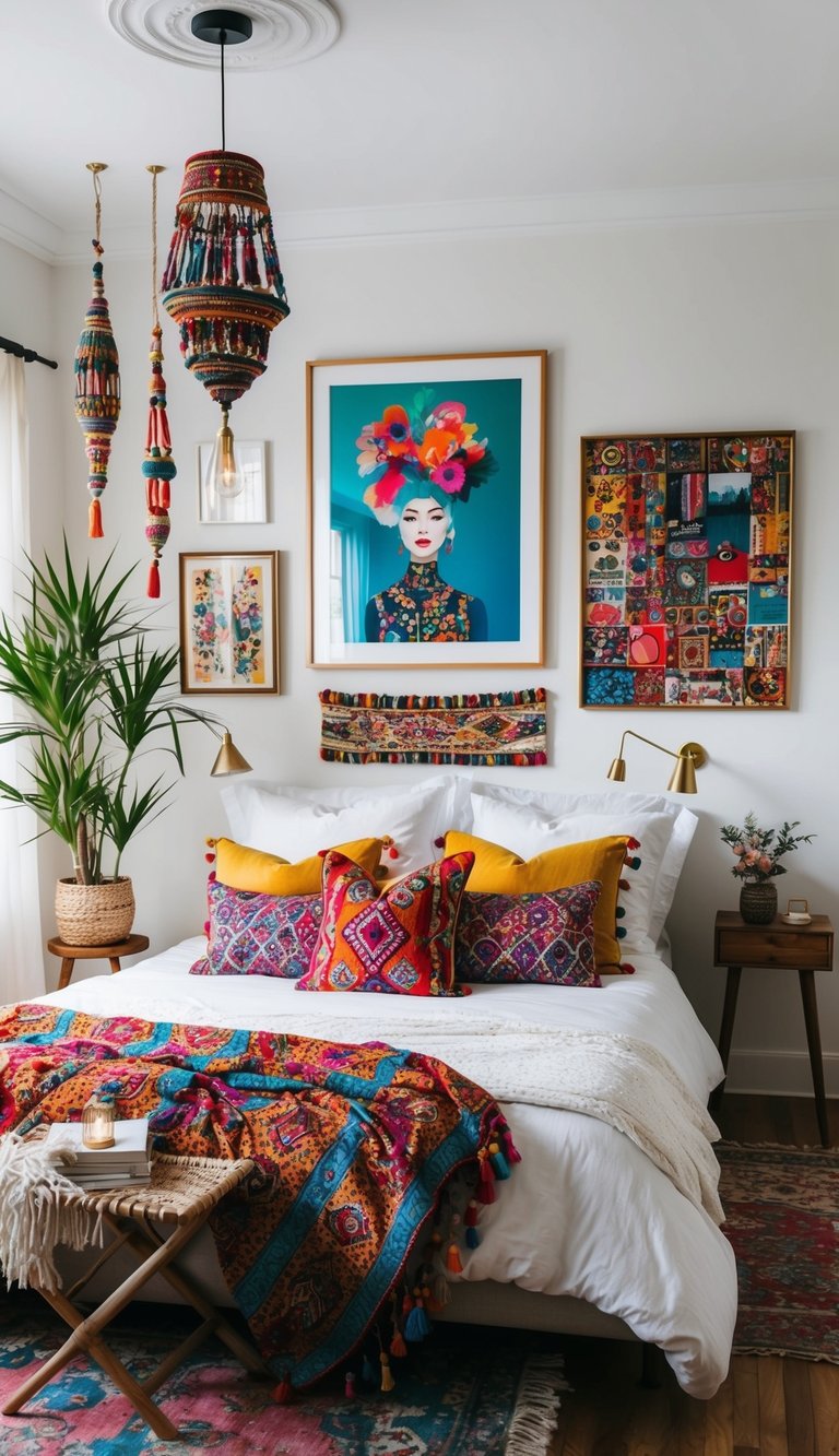 An eclectic boho bedroom with vibrant artwork and 23 unique decor ideas