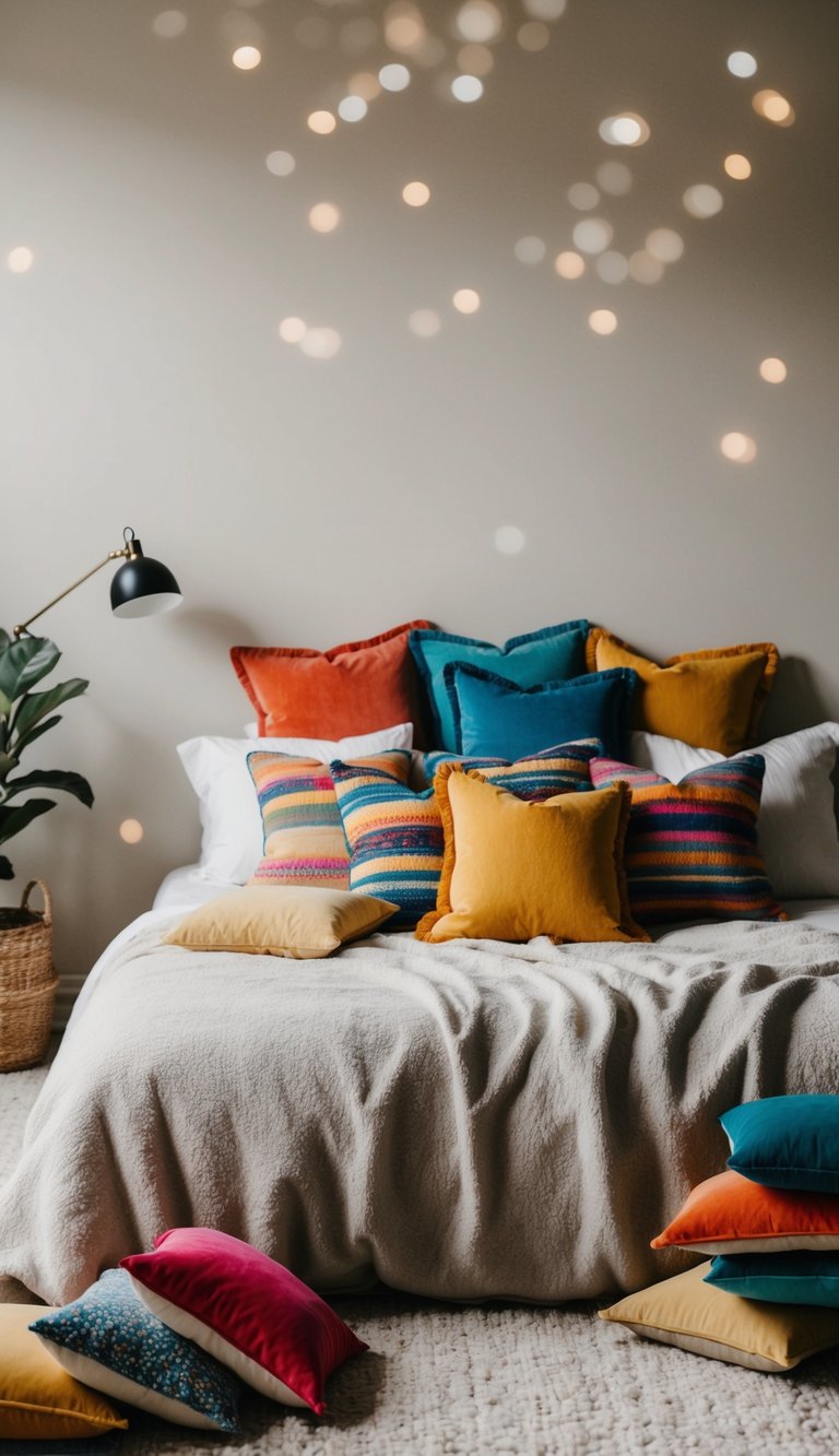 A cozy, neutral bedroom with a variety of colorful cushions scattered on the bed and the floor, adding a vibrant pop of color to the space