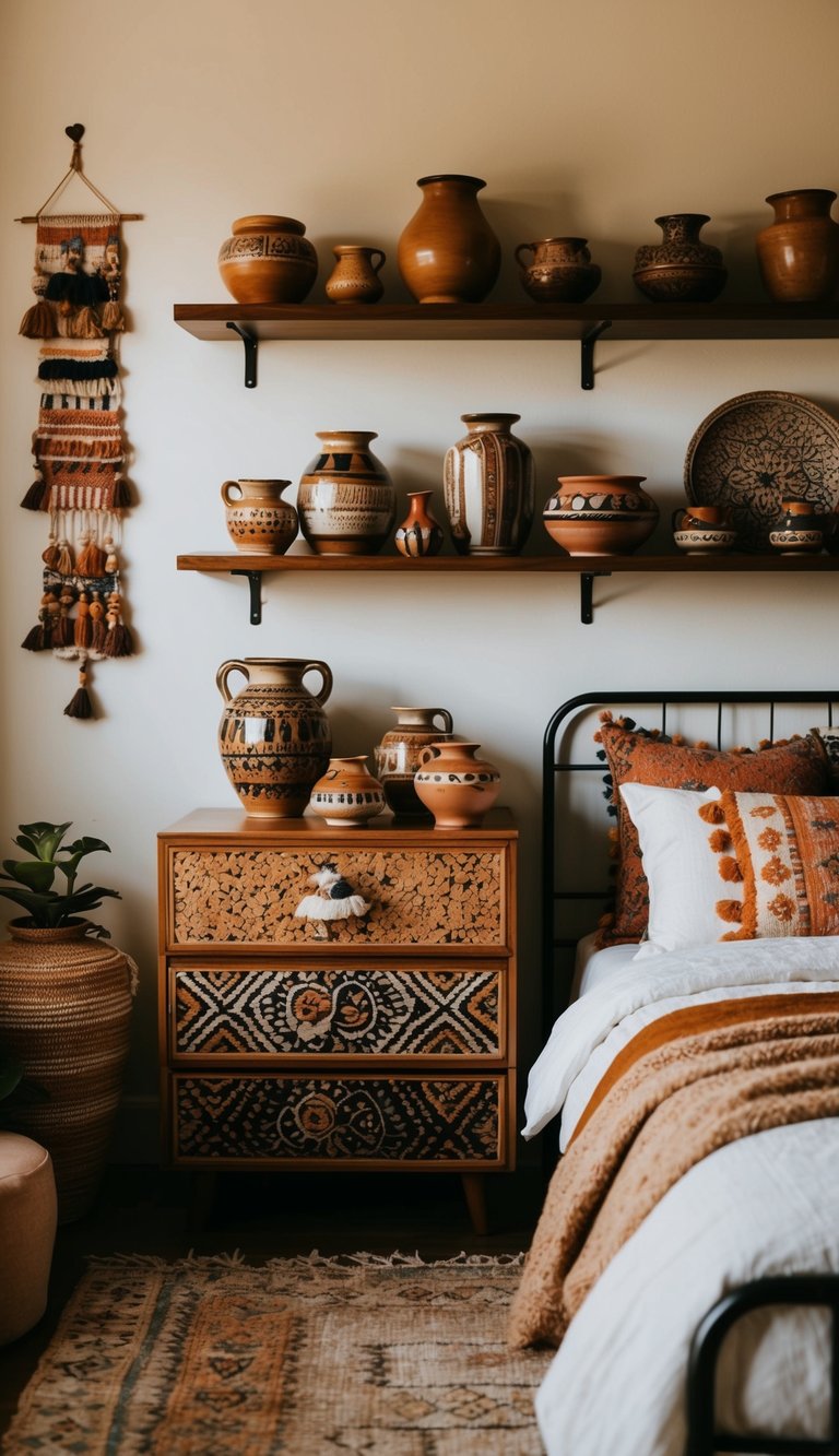 A cozy boho bedroom with a variety of pottery and ceramics displayed on shelves, nightstands, and dressers. Warm, earthy tones and eclectic patterns create a relaxed and inviting atmosphere