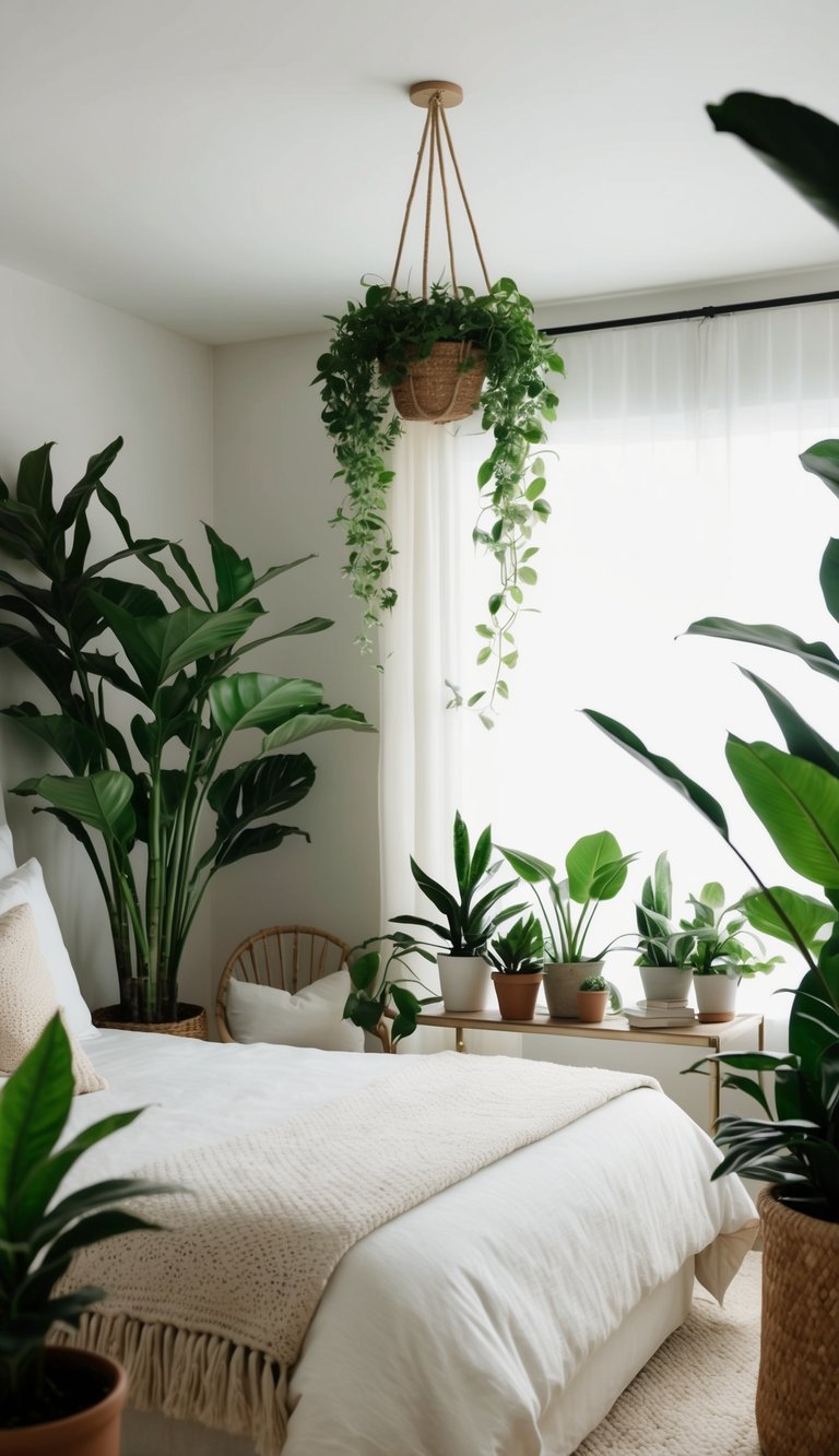 A serene bedroom adorned with various lush green plants, creating a tranquil and neutral atmosphere