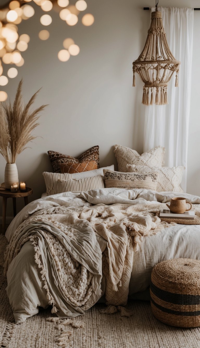 A cozy boho bedroom with layered textured linens, a mix of patterns, and natural materials creating a relaxed and eclectic atmosphere