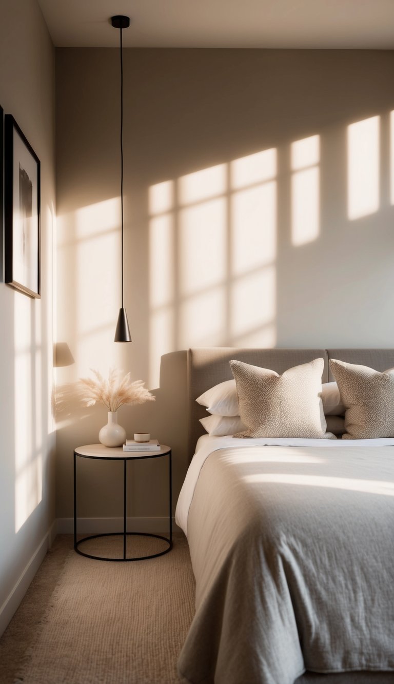 Soft, warm light fills a neutral bedroom, casting gentle shadows on minimalist furniture and decor