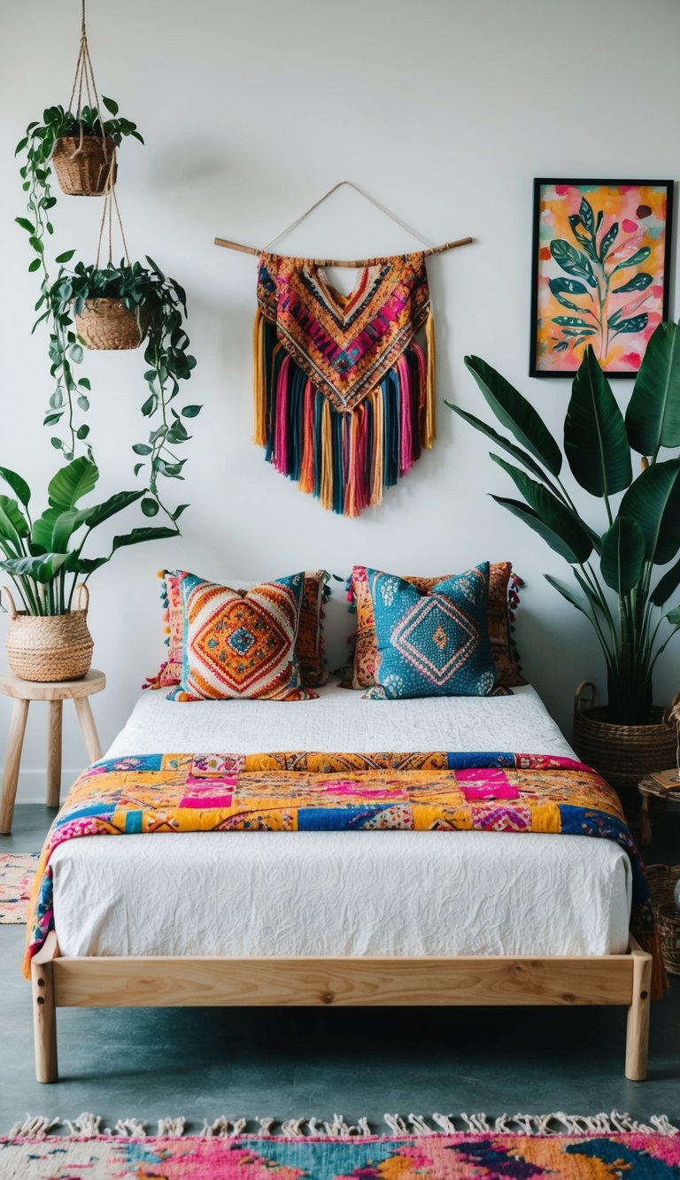 A low-set bed frame surrounded by boho decor, including colorful textiles, plants, and eclectic artwork