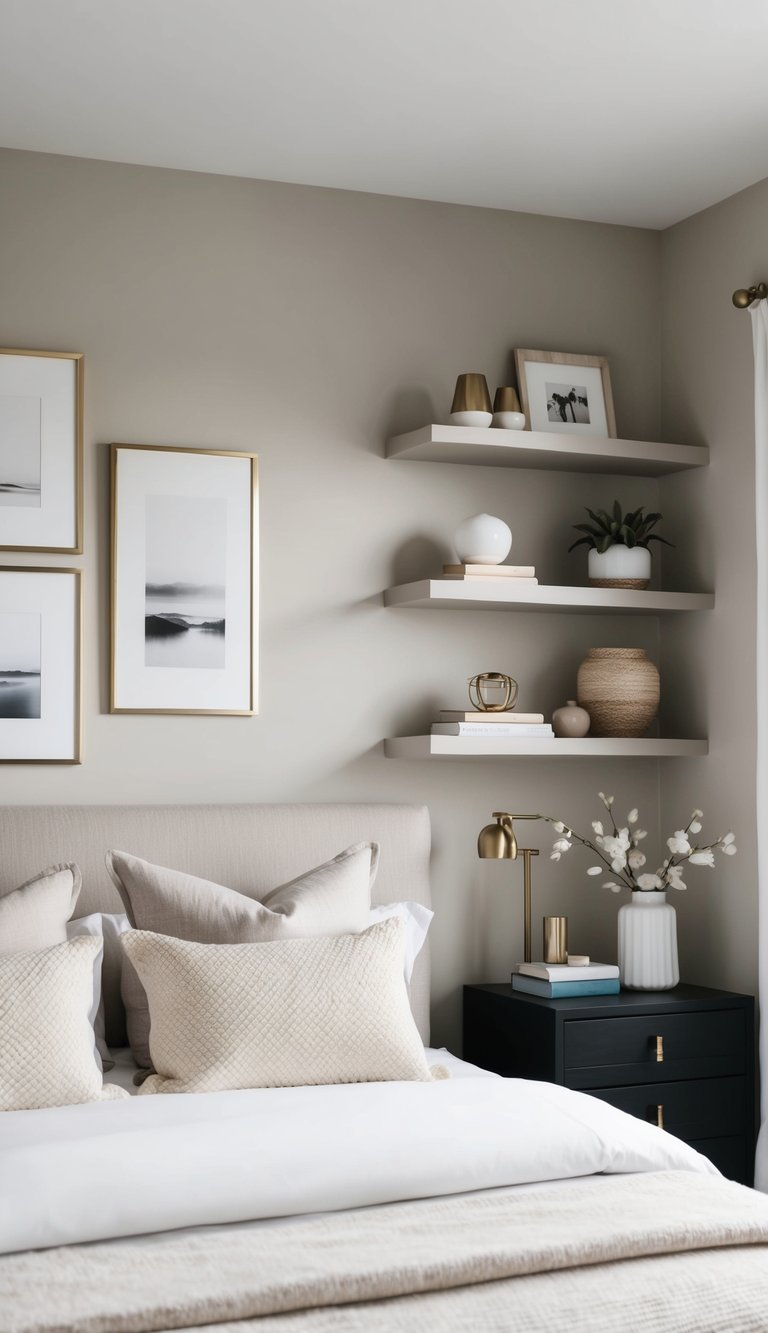 A serene bedroom with neutral decor features floating shelves displaying various decorative items