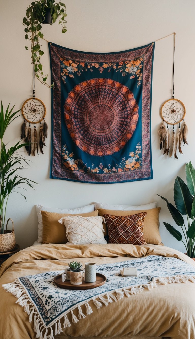 A cozy bohemian bedroom with a colorful tapestry hanging on the wall, surrounded by plants and dreamcatchers