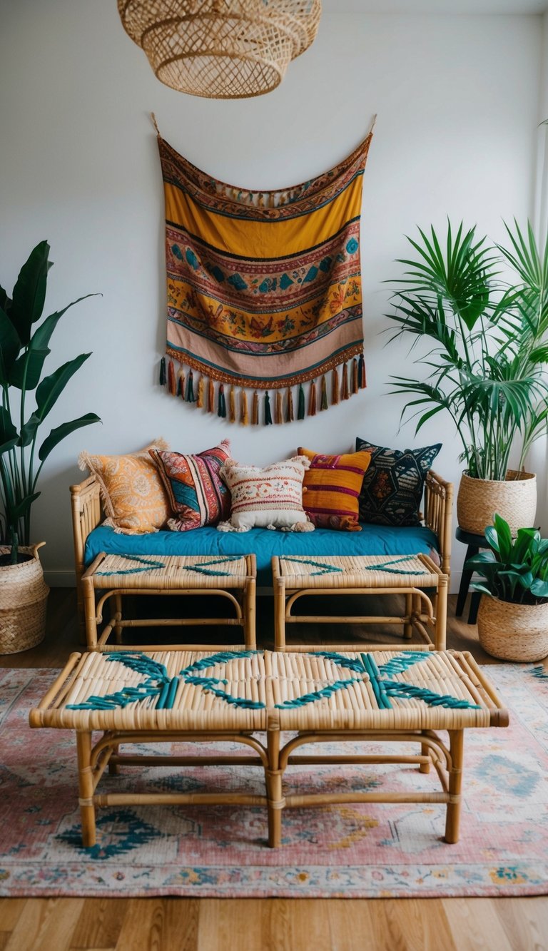 Wicker and bamboo benches arranged in a cozy bohemian bedroom with colorful textiles and plants creating a relaxed and eclectic atmosphere