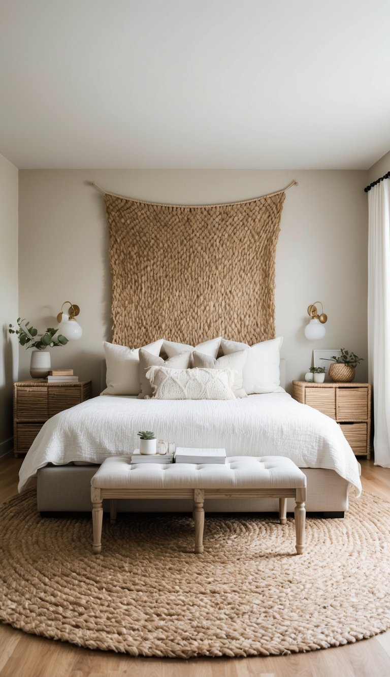 A cozy bedroom with a large jute rug as the focal point, surrounded by neutral decor and soft lighting