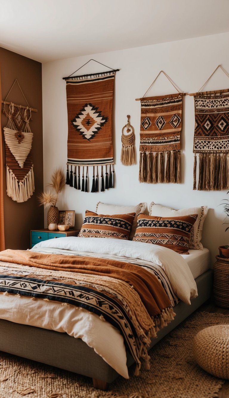 A cozy boho bedroom adorned with tribal patterns on textiles, wall hangings, and decor. Warm earthy tones and eclectic furnishings create a laid-back, free-spirited vibe