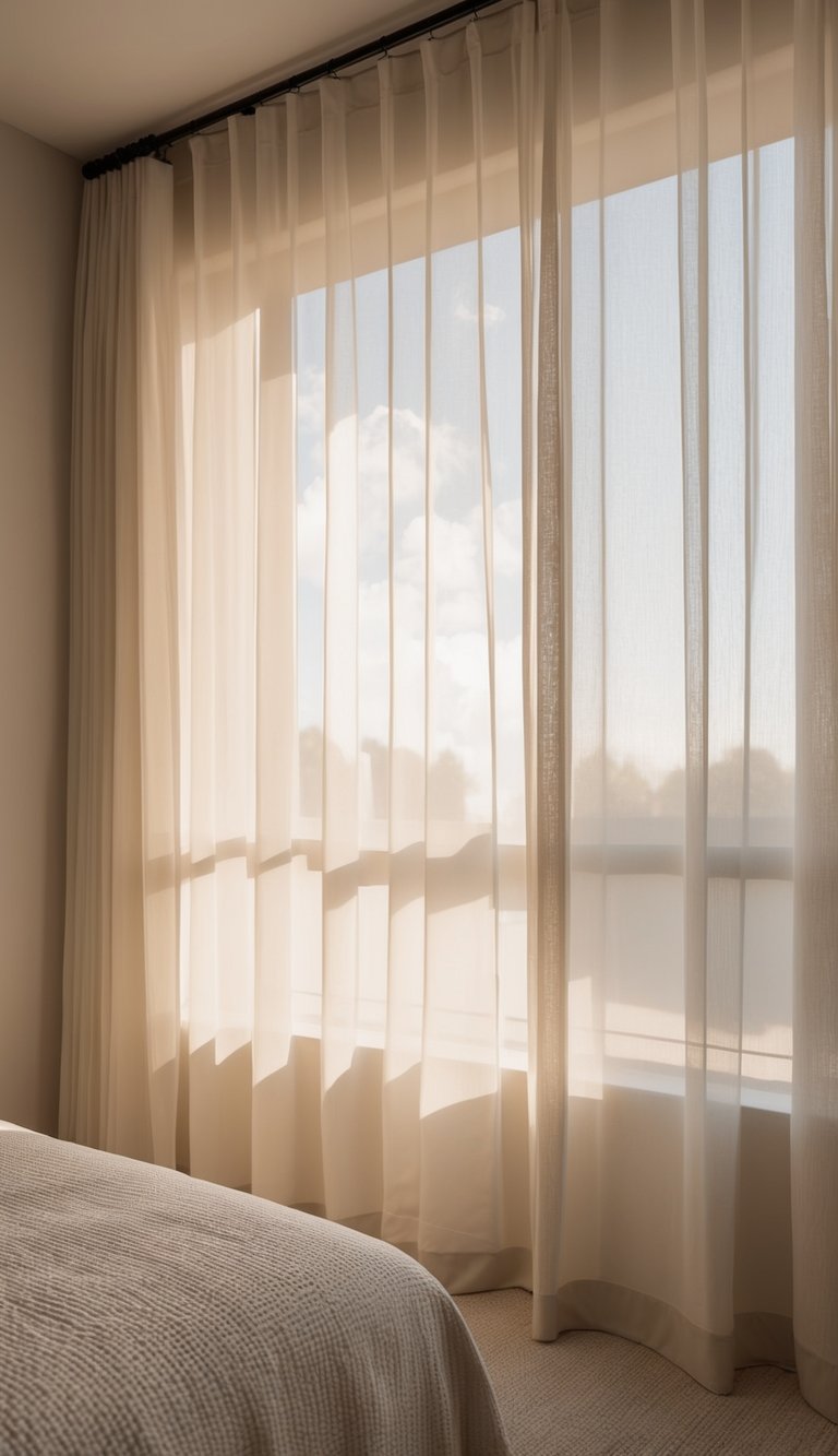 Sheer curtains drape softly in a neutral bedroom, casting a gentle glow