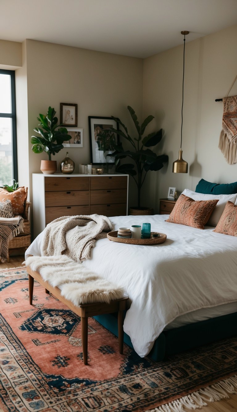 A cozy bedroom with a vintage rug, modern furniture, and bohemian decor. A mix of old and new elements creates a stylish and eclectic atmosphere