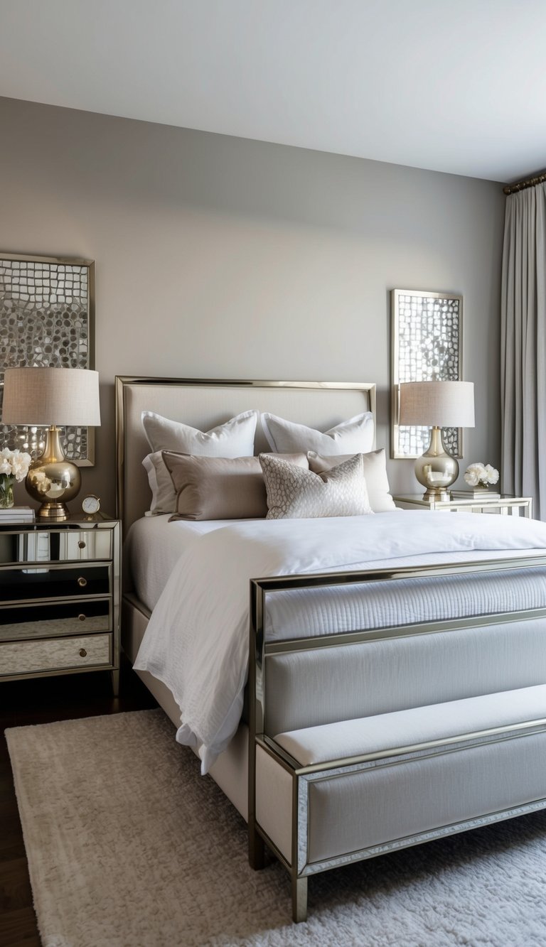 A neutral bedroom with metal accents: a sleek bed frame, metallic lamps, and a mirrored dresser. Subtle touches of silver and gold throughout the room