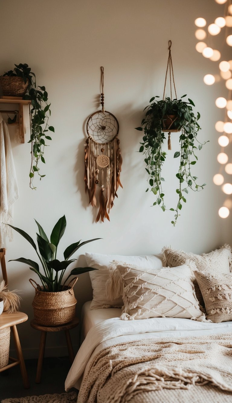 A cozy boho bedroom with plants, woven textiles, and natural wood furniture. A dreamcatcher hangs above the bed, and soft lighting creates a warm ambiance