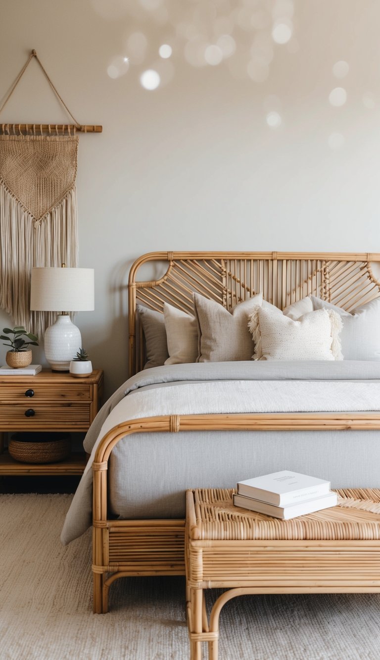 A cozy bedroom with rattan furniture, neutral tones, and natural fiber accents