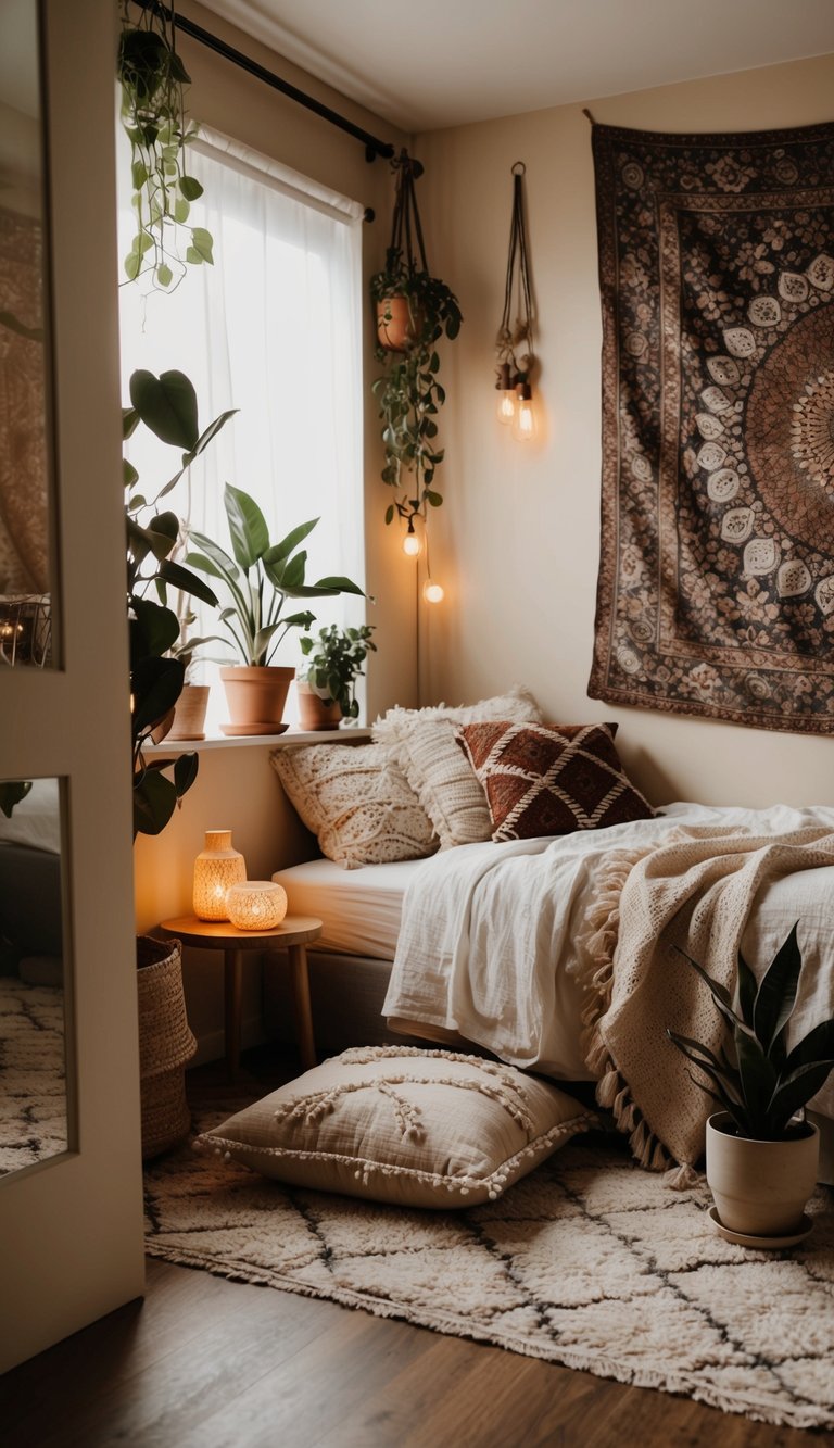 A cozy boho bedroom with a floor pillow corner, surrounded by plants, tapestries, and warm lighting