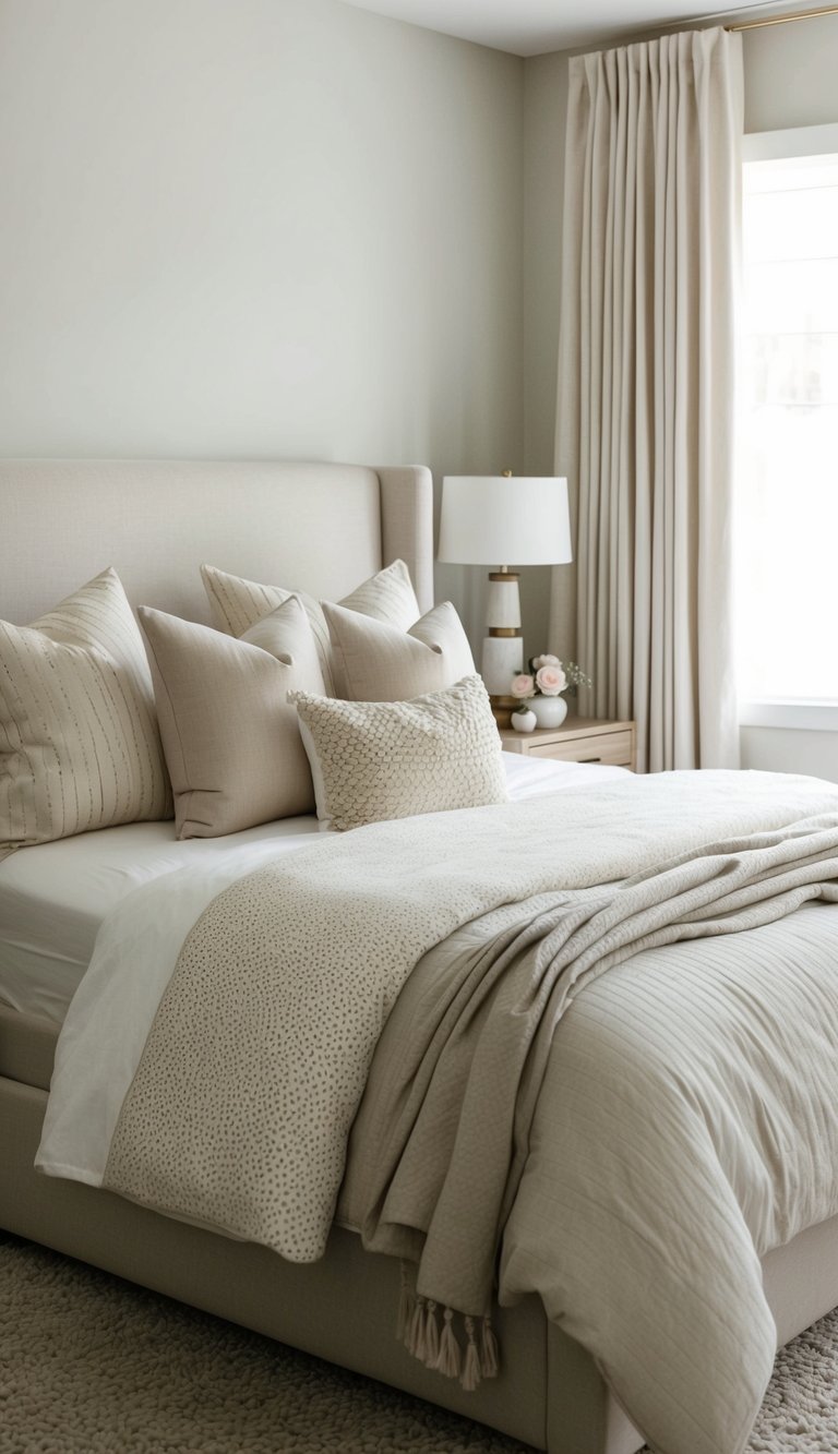 A cozy neutral bedroom with a mix of subtle patterns on the bedding, curtains, and throw pillows. A soft color palette creates a serene atmosphere