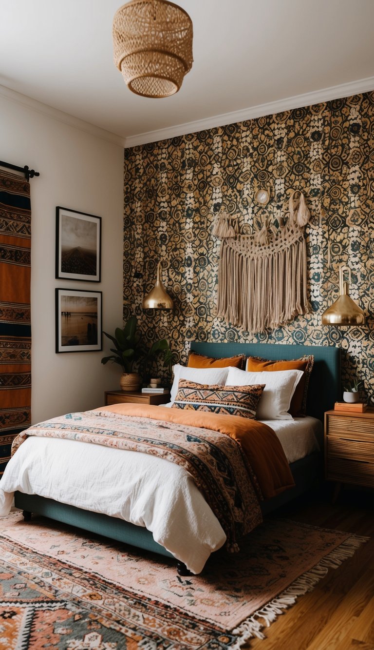 A cozy boho bedroom with bold patterned wallpaper, layered rugs, and eclectic decor