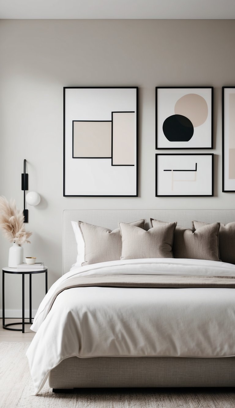 A neutral bedroom adorned with modern art prints, featuring a minimalist color palette and clean lines, creating a serene and sophisticated ambiance